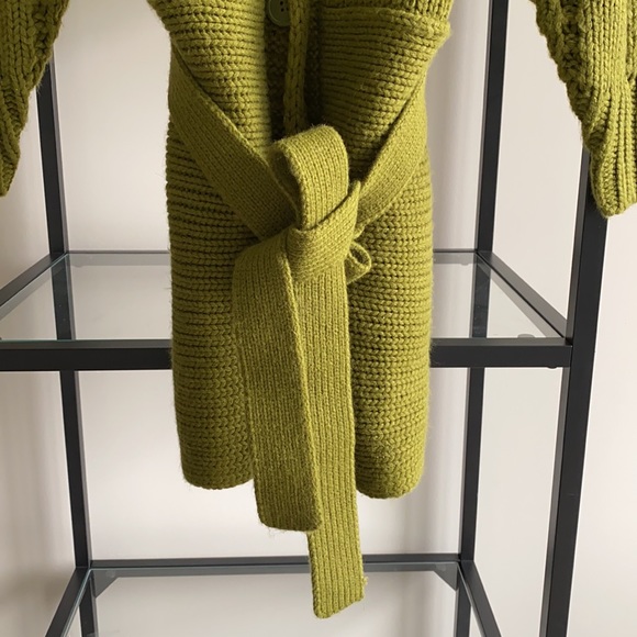 Bisou Bisou Green Chunky Collared Tie Waist Knit One-Button 3/4 Sleeve Cardigan - Picture 4 of 9